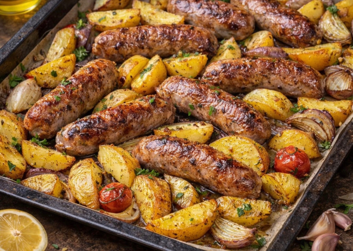 Картофель с копчёными колбасками и луком