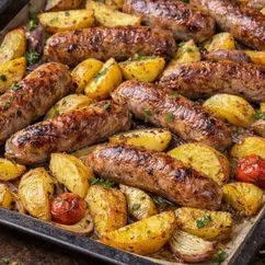 Картофель с копчёными колбасками и луком
