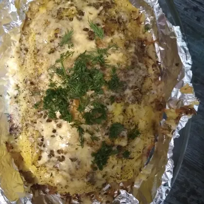 Скумбрия запечённая с картофелем, грибами и сыром