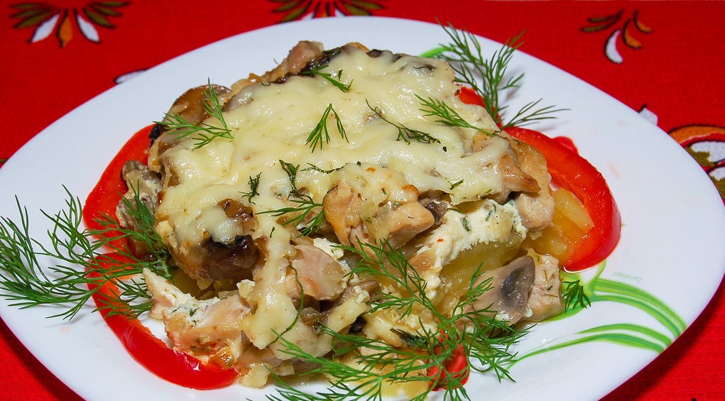 Картофельная запеканка с курицей и грибами рецепт с фото