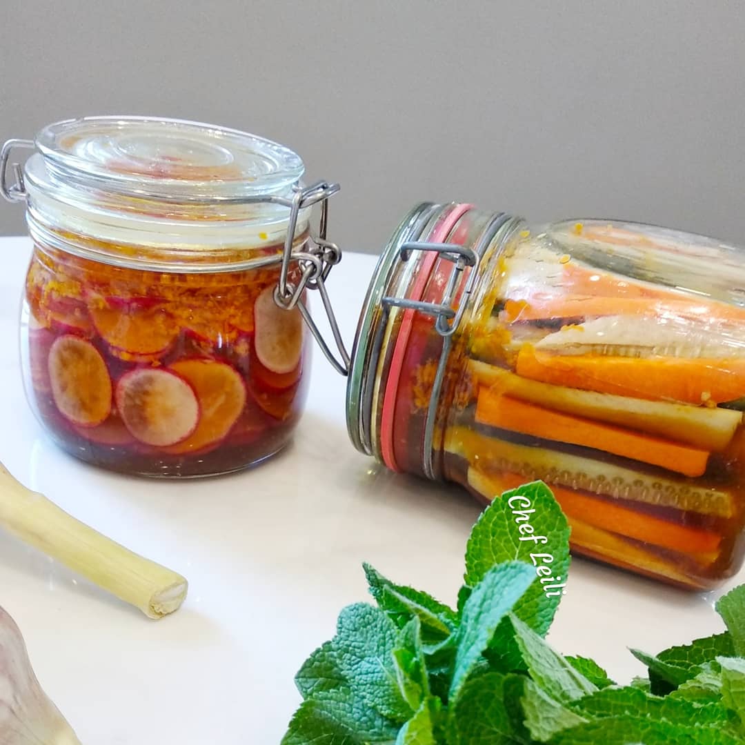 Quickly pickled vegetables in soy-orange marinade