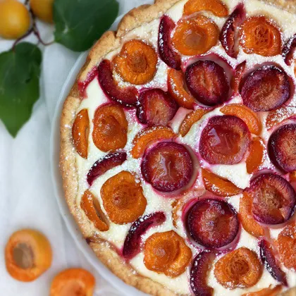 Пирог с творогом, абрикосами и сливами