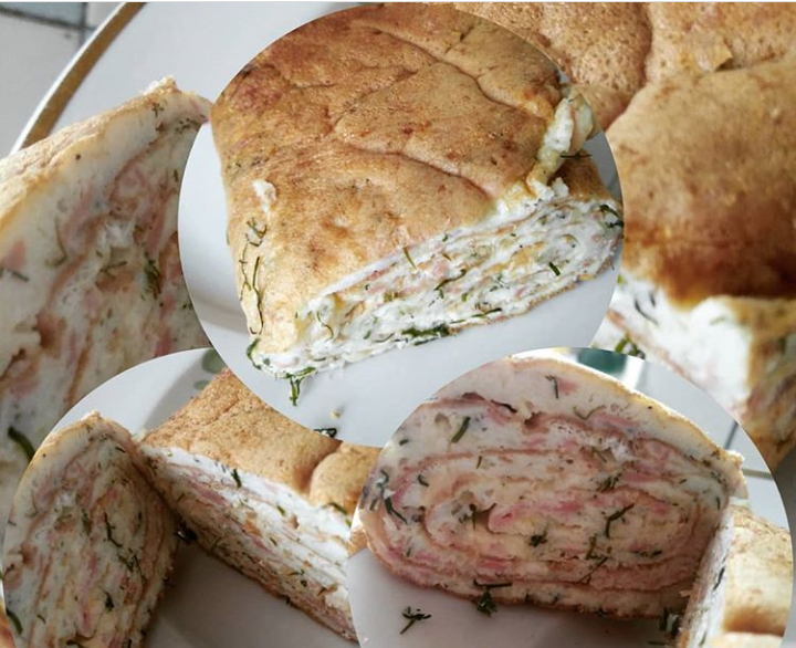 Яичный рулет с колбасой, сыром и зеленью