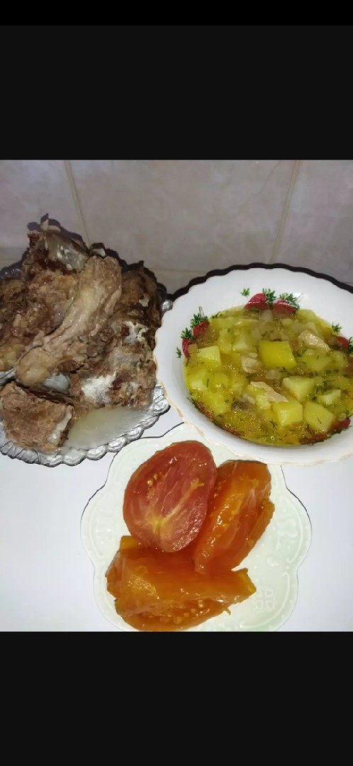 Суп картофельно-грибной на свином мясе на косточке