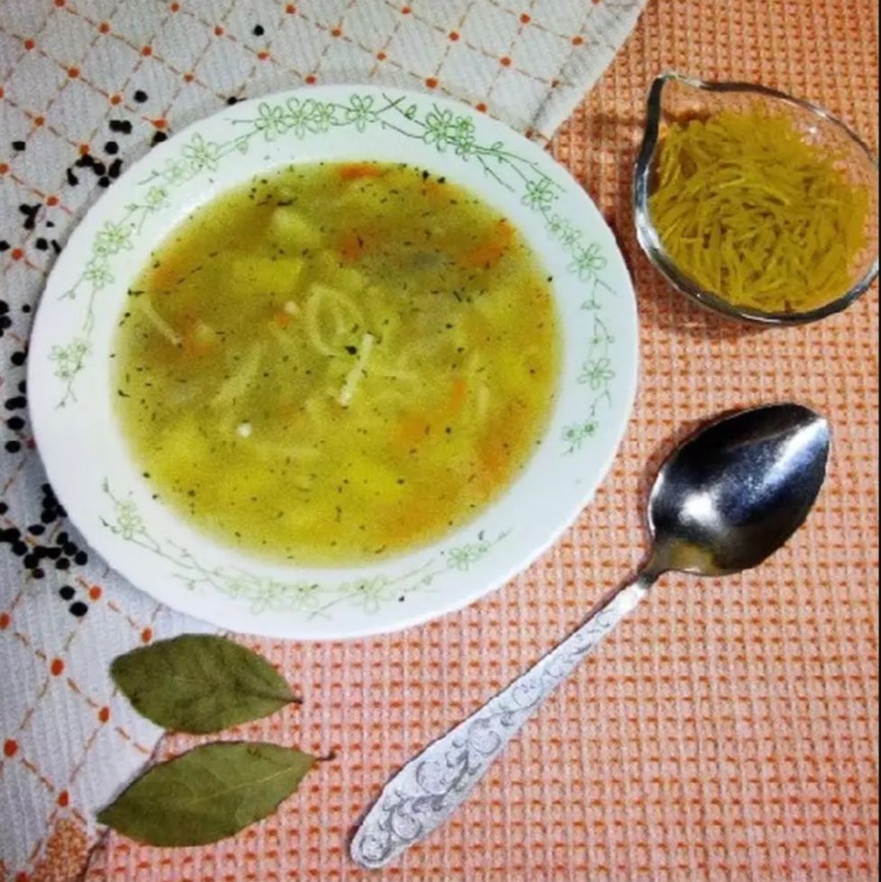 Лёгкий вермишелевый суп на бульоне из утиных потрошков
