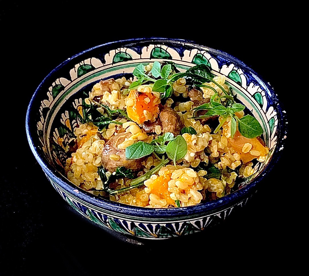 Булгур с запечённой тыквой и шампиньонами