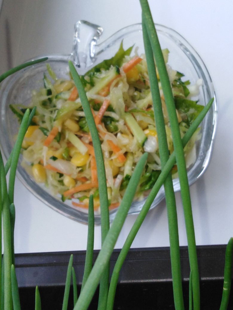 Салат из огурцов, свежей капусты и кукурузы