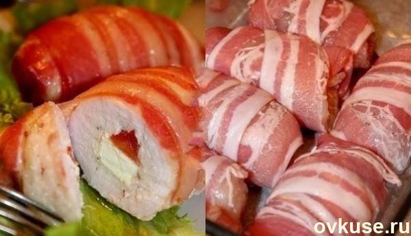 Рулетики из куриного филе с сыром "Фета" и помидорами, в беконе