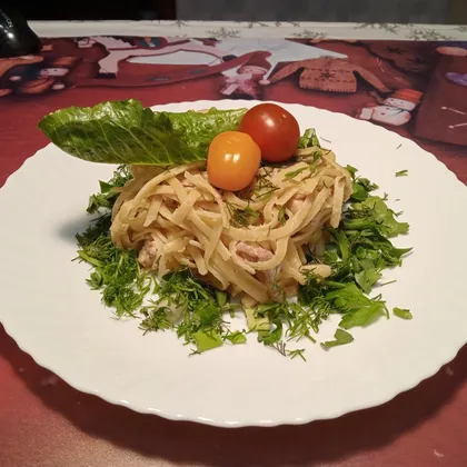 Спагетти в сливочно-грибном соусе с куриной грудкой