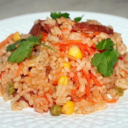 Рис и перловка с копчёной колбасой