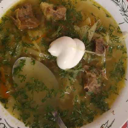 Говяжий суп с квашеной и свежей капустой
