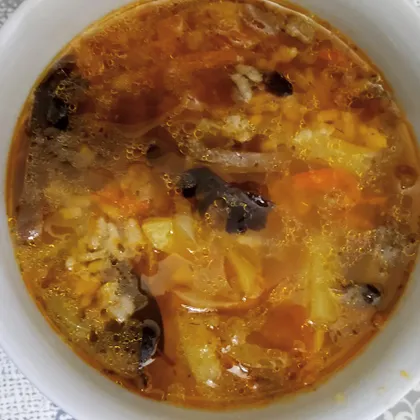 Суп на пережарке с вешенками и с рисом