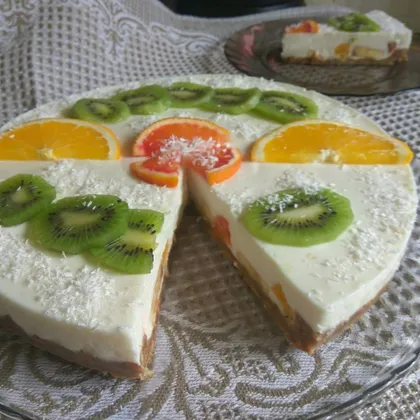 Торт без выпечки творожно - желейный с фруктами