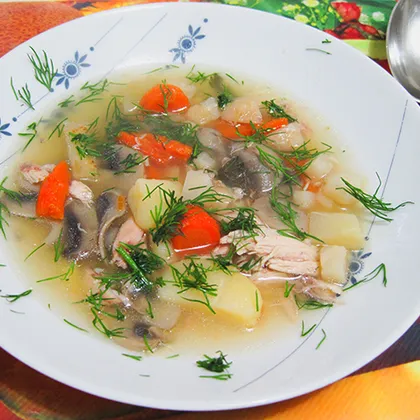 Куриный суп с картофелем и грибами. Hühnersuppe mit Champignons. Обед №32