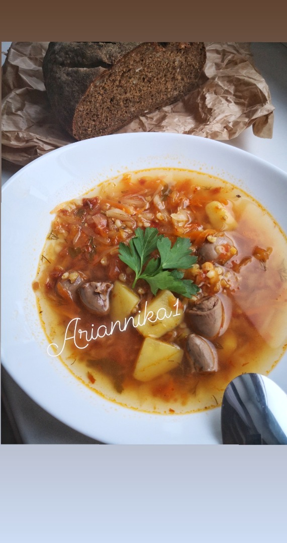 Суп с чечевицей и куриными сердечками