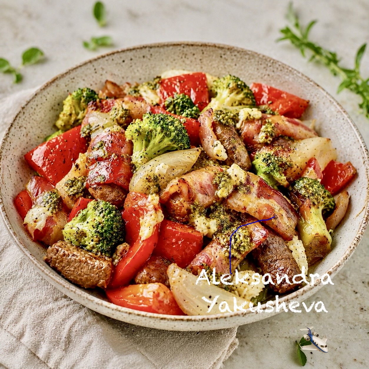 Батат в беконе с овощами и фруктами