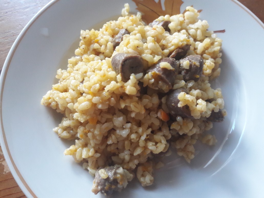 Булгур с куриными сердечками