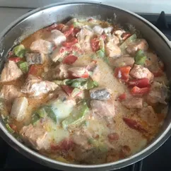 Семга с овощами и сыром маскарпоне