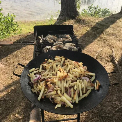 Свежий осётр с жареной картошкой на озере