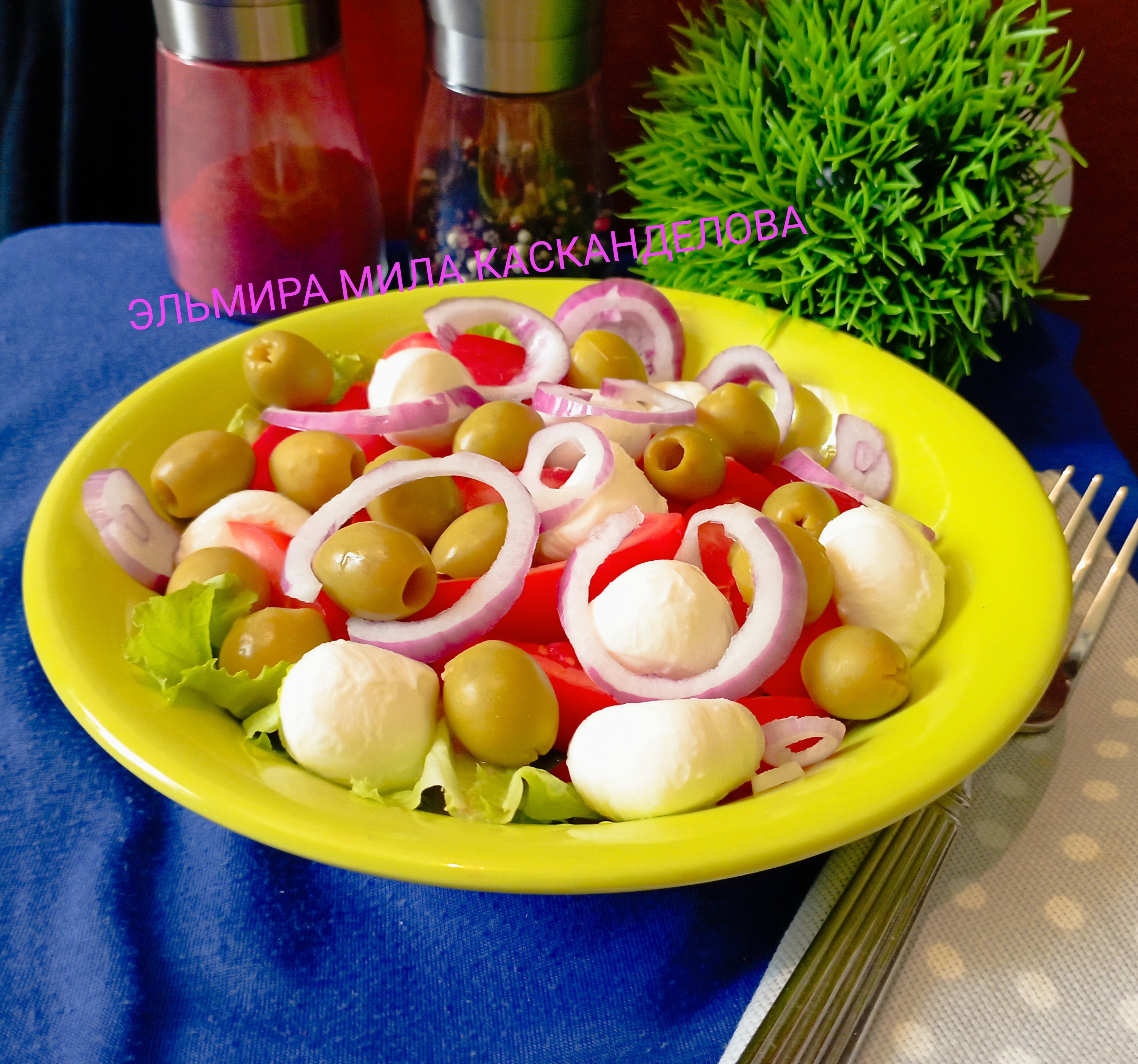 Салат с помидорами, моцареллой и оливками