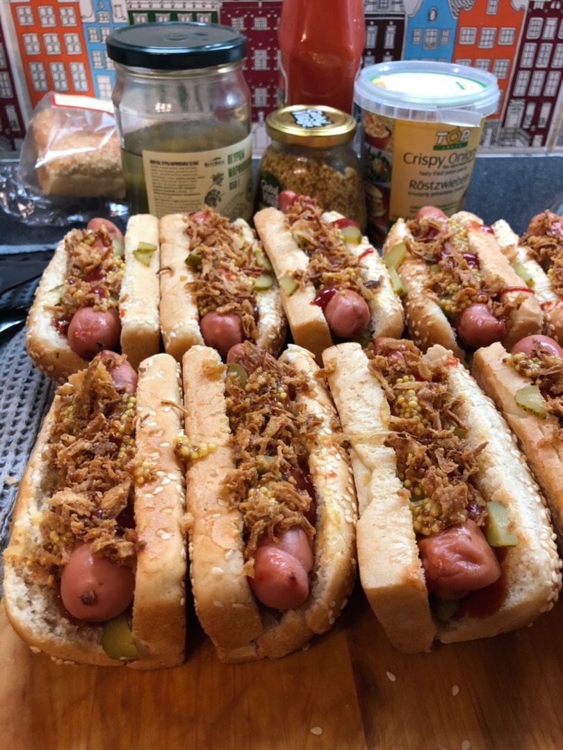 Хот-доги с луком фри и зернистой горчицей🌭🌭🌭